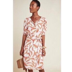 anthropologie A+ nicole puff sleeve belted linen blend dress